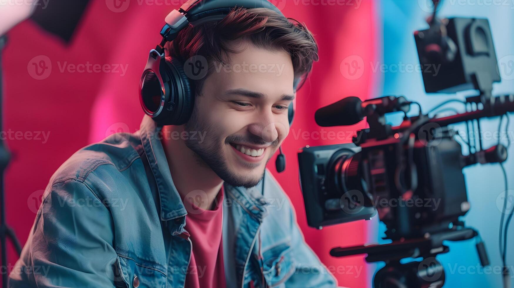 Happy Young Screenwriter Crafting a Story A Colorful Portrait of Creativity and Productivity photo