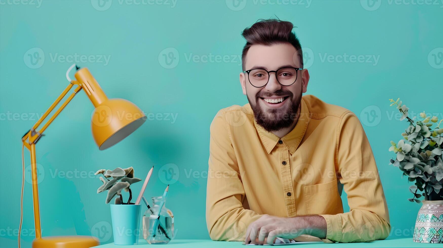 Happy Young Speechwriter Exuding Success while Working on Colorful Background photo