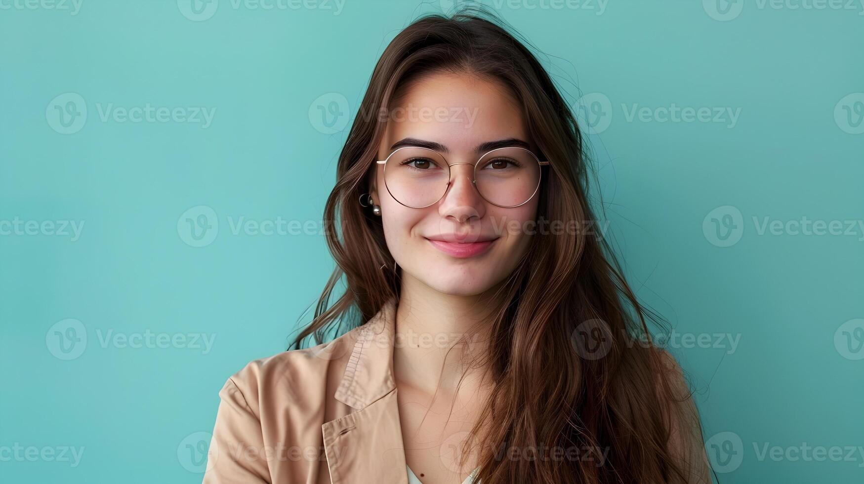 Happy Young Public Relations Specialist Exuding Enthusiasm while Working on a Colorful Background photo