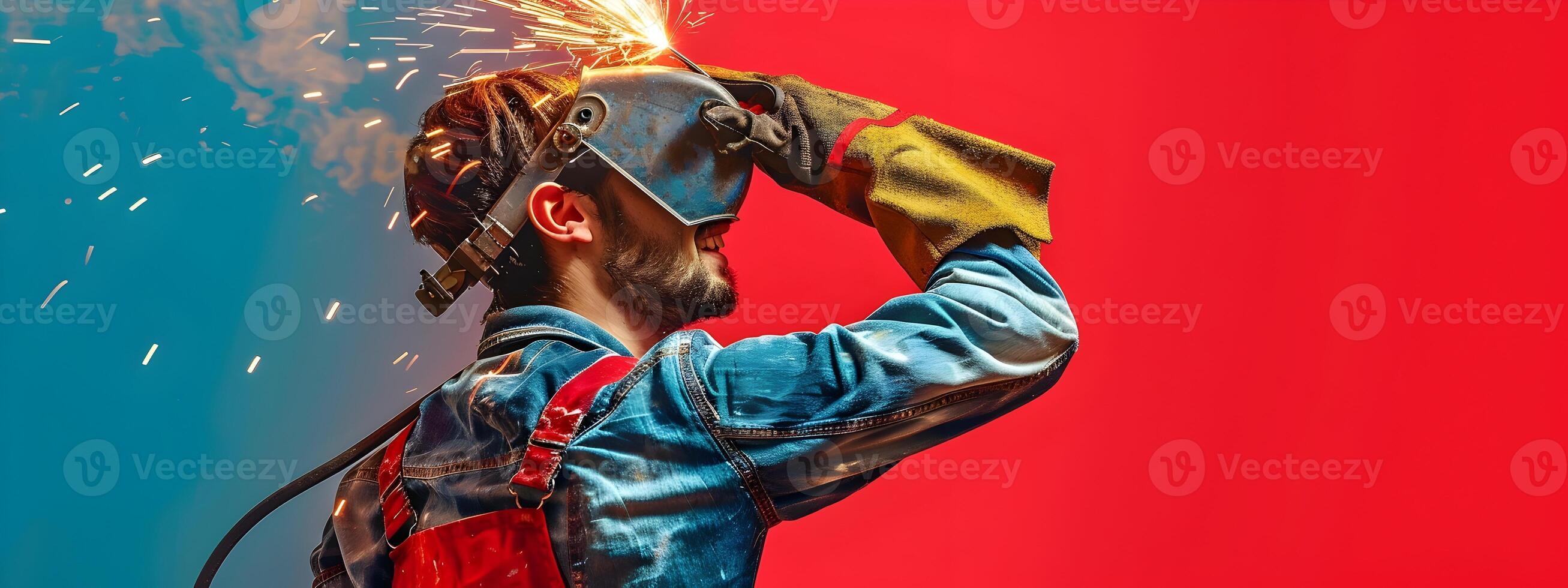 Happy Young Welder Crafting a Brighter Future Portrait with Colorful Background photo