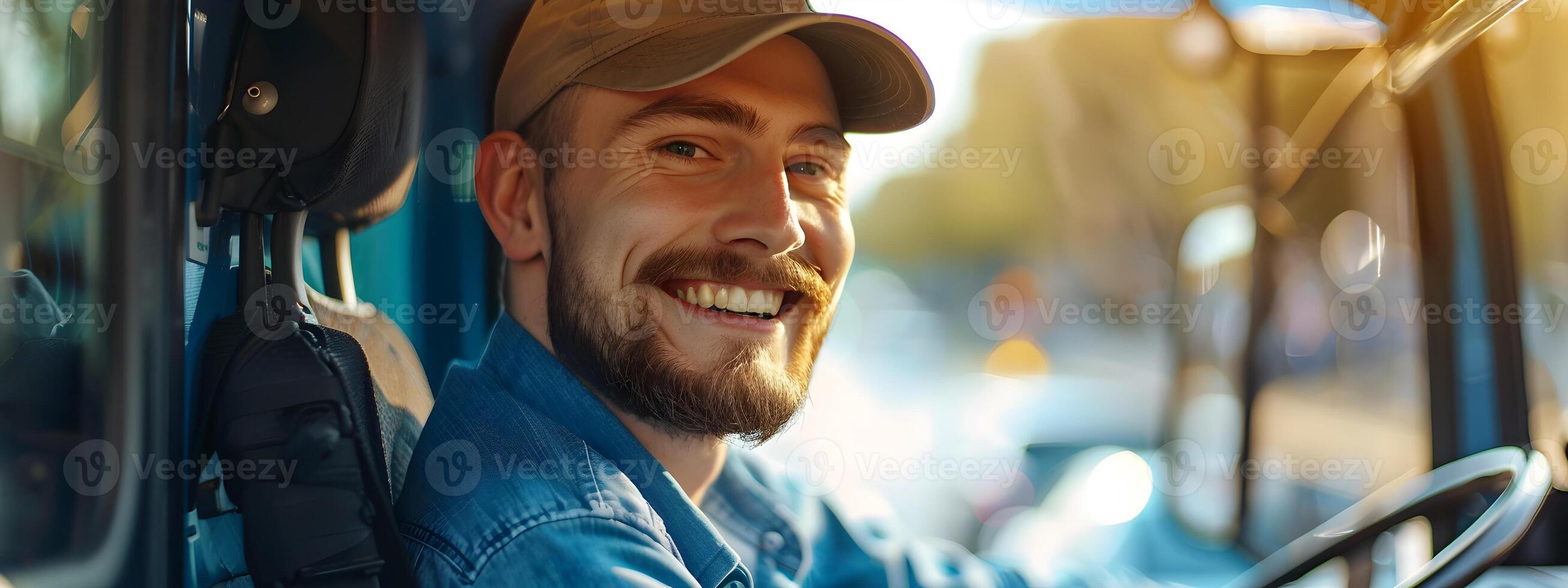 Joyful Young Bus Driver Embarking on Colorful Commute A Morning Portrait of Devoted Urban Transit Service photo