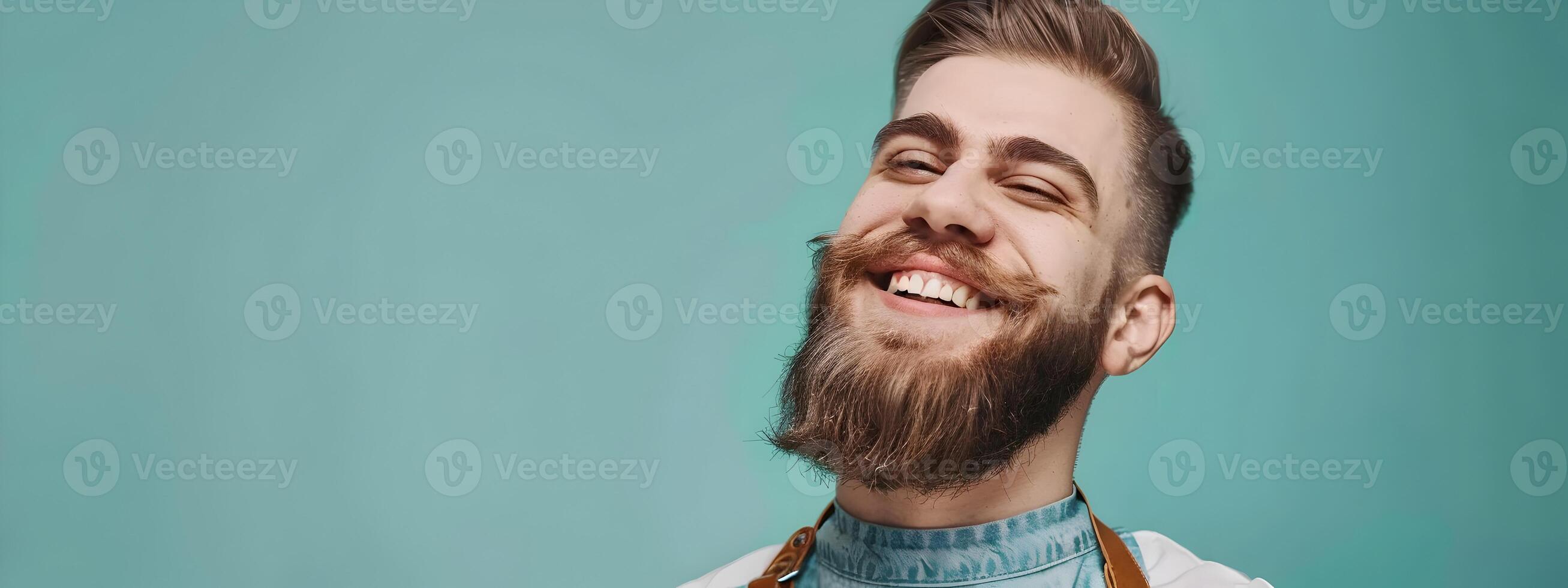 Joyful Barber Expertly Crafting a Trendy Haircut and Beard Style photo