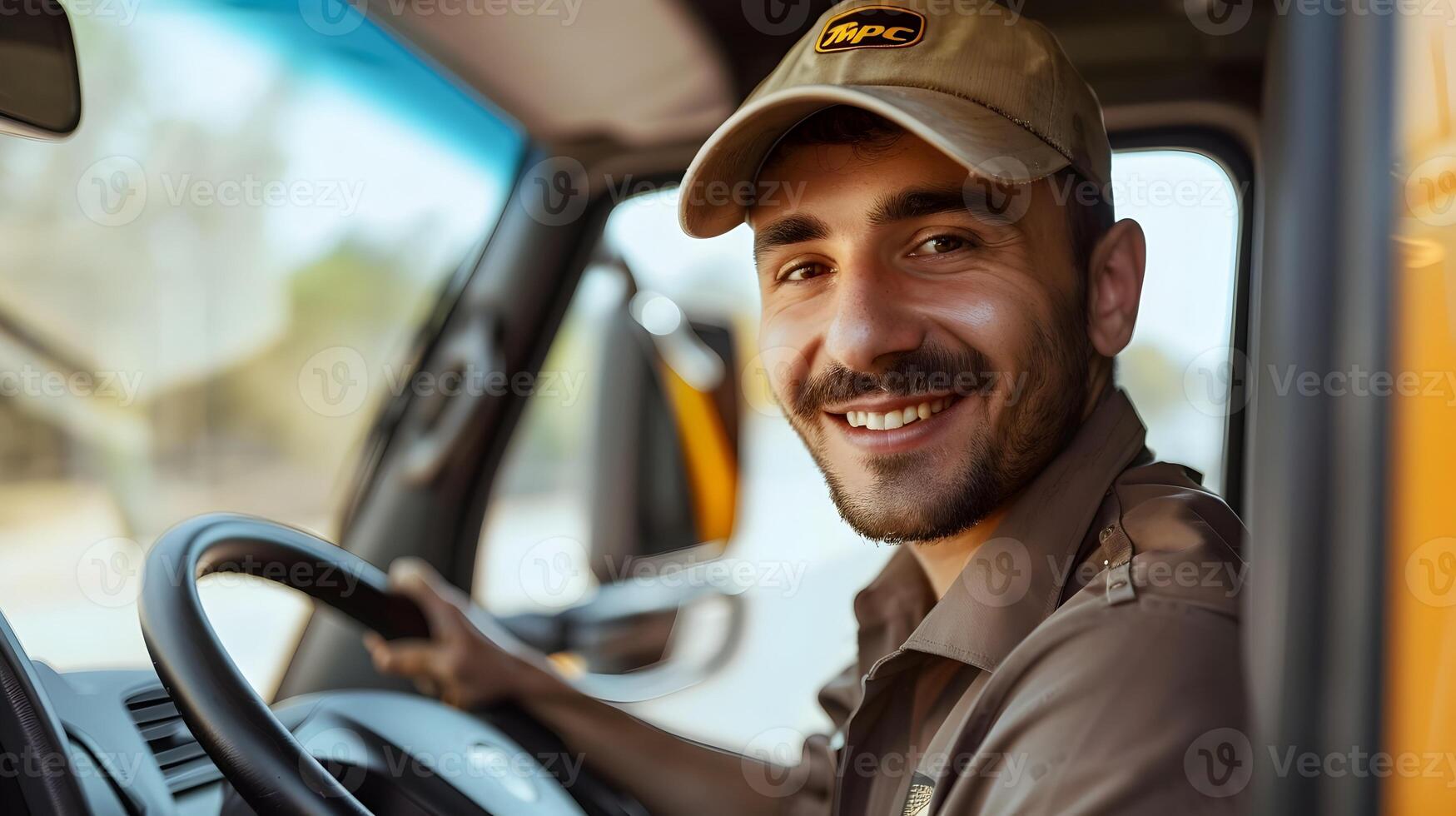 Joyful UPS Driver in Action Symbol of Efficient and Reliable Service photo
