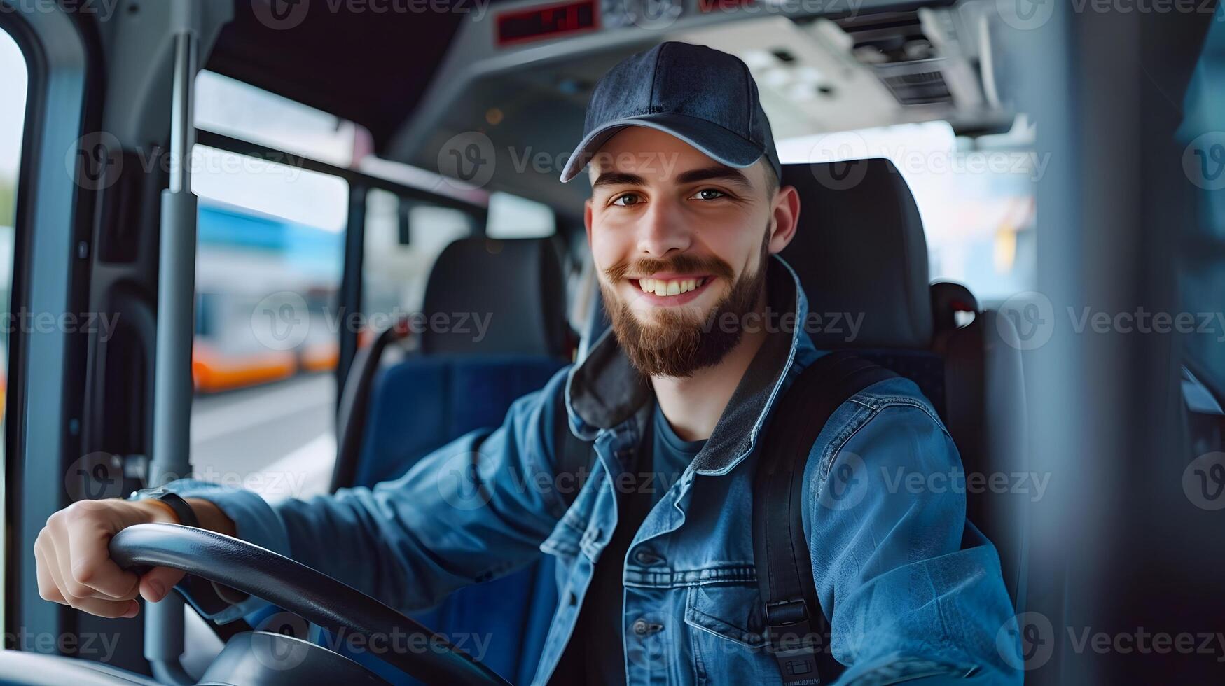 Joyful Young Bus Driver at Work A Glimpse into the Modern Commute photo