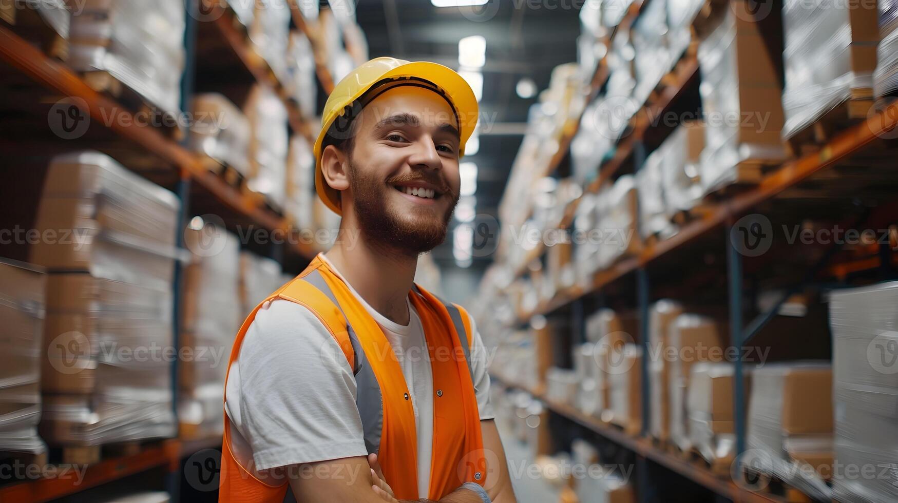 Happy Young Worker Excelling in a Vibrant Warehouse Atmosphere photo