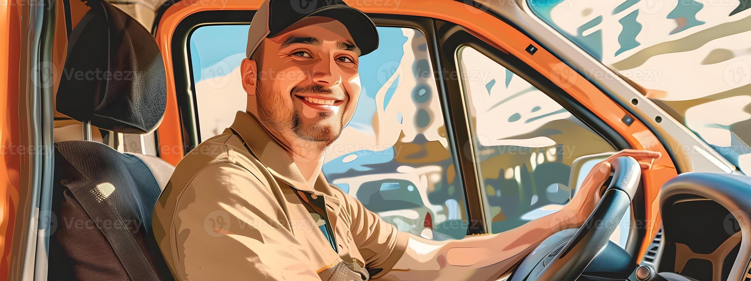Joyful Meals on Wheels Driver Making a Difference in Vibrant Colorful Scene photo