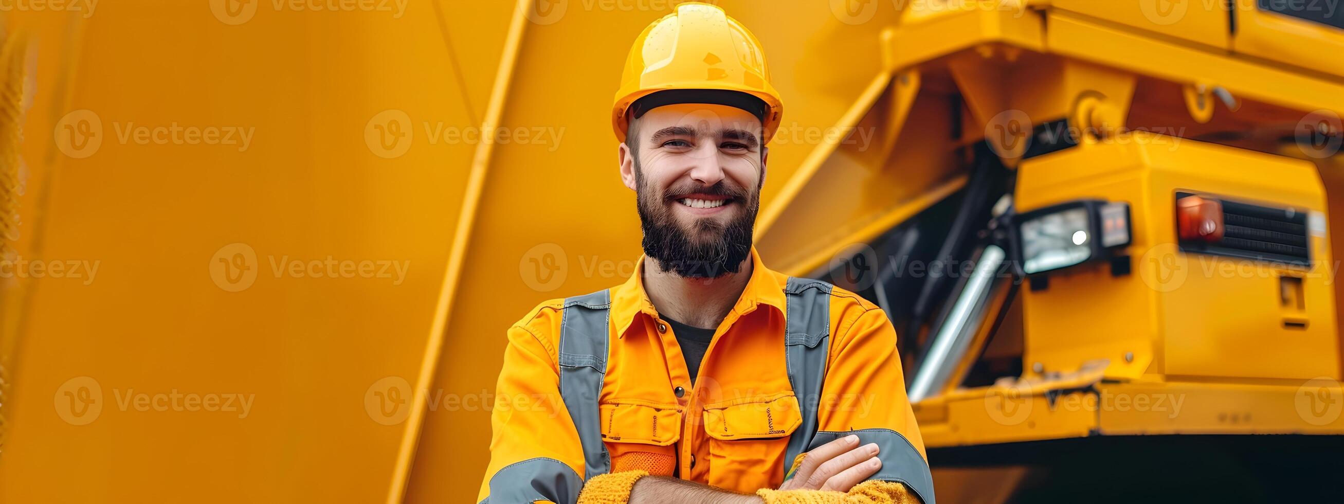 Joyful Young Heavy Equipment Operator Masterfully Operating Construction Machinery photo