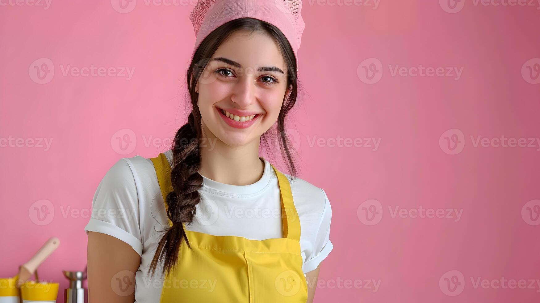 Joyful Young Housekeeper Excelling in Job Duties Vibrant Background photo