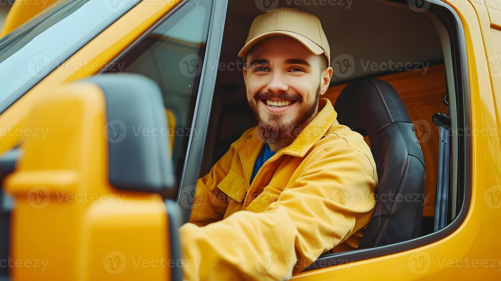 Joyful Young Delivery Driver Expressing Success through Swift Service photo