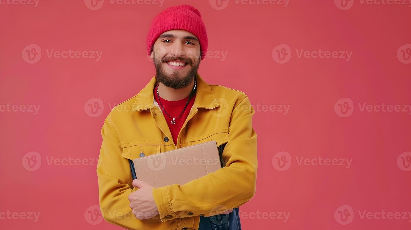 Joyful Young Courier Exuding Professionalism in Vibrant Urban Scene photo