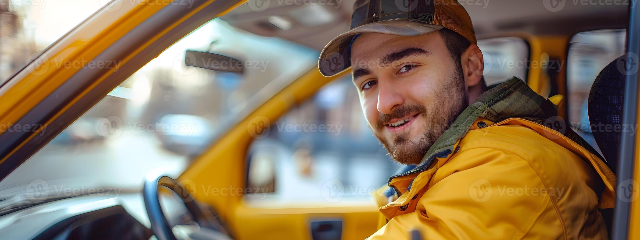 Joyful Young Cab Driver Succeeding in FastPaced Urban Life photo