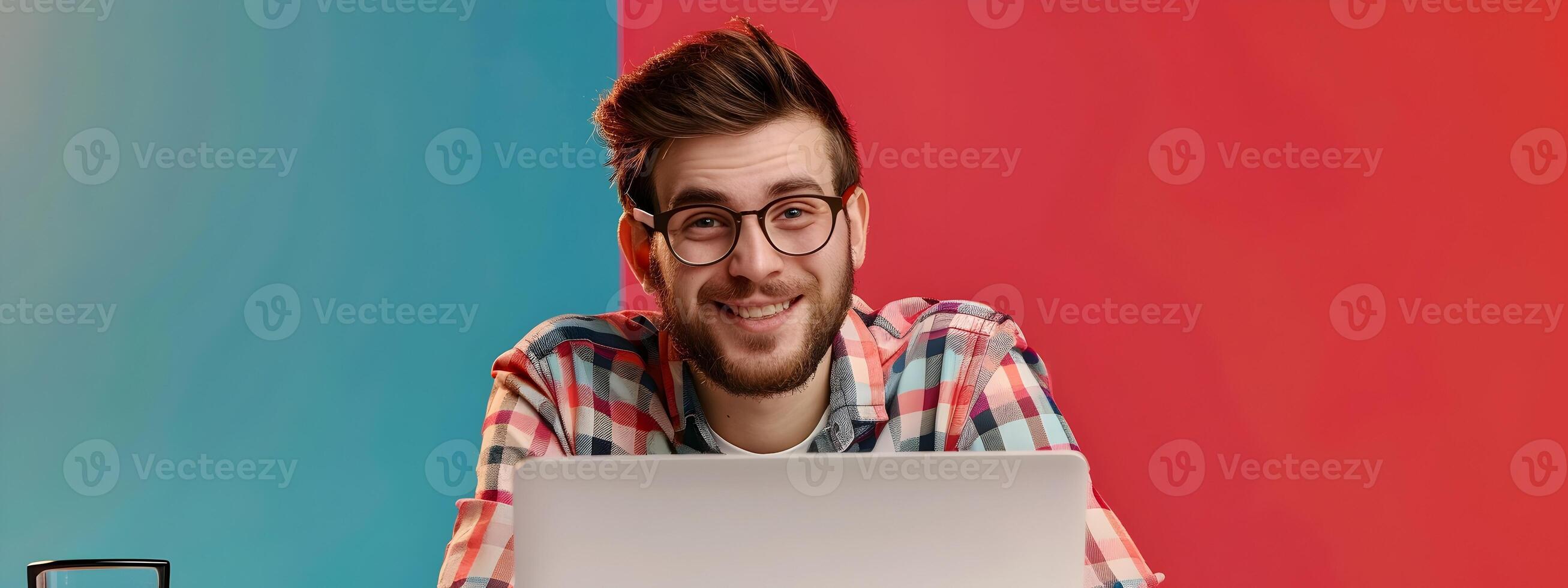 Joyful Young Copywriter Excelling in Vibrant Digital Workspace photo