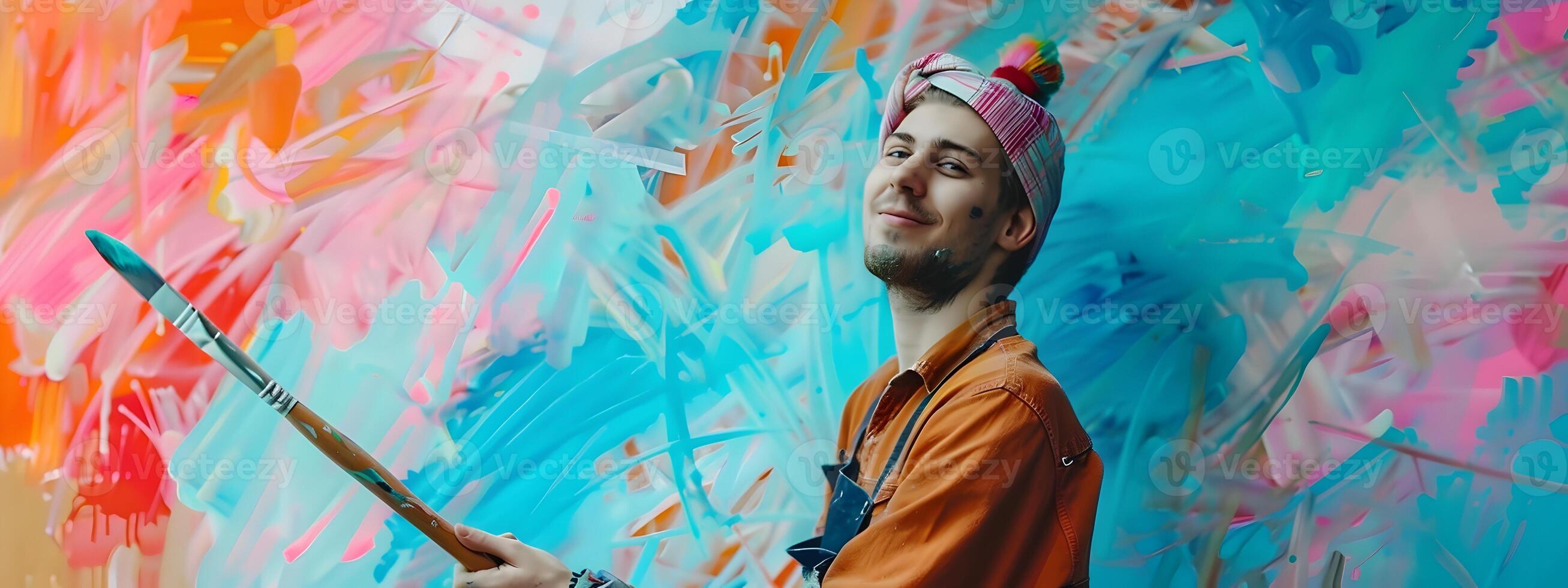 Joyful Young Painter Crafting Vibrant on Canvas in Studio photo