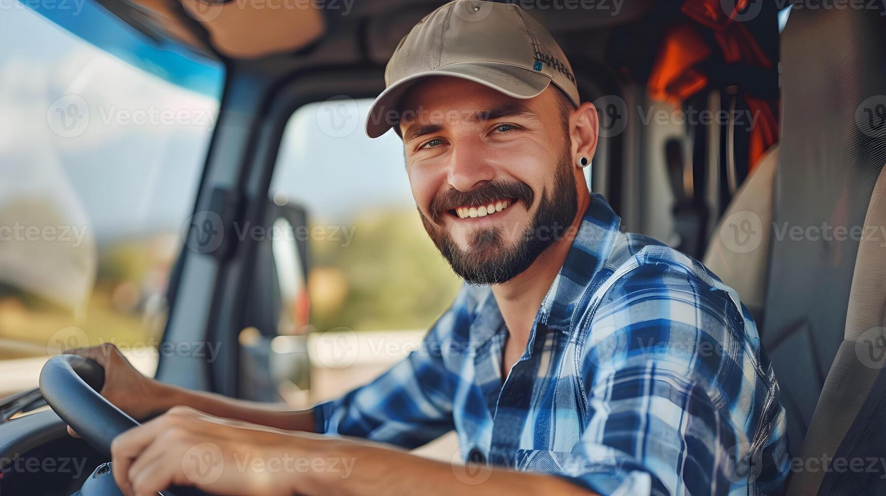 Joyful Young Truck Driver Embodying Freedom and Professionalism in Modern Industrial Transport photo