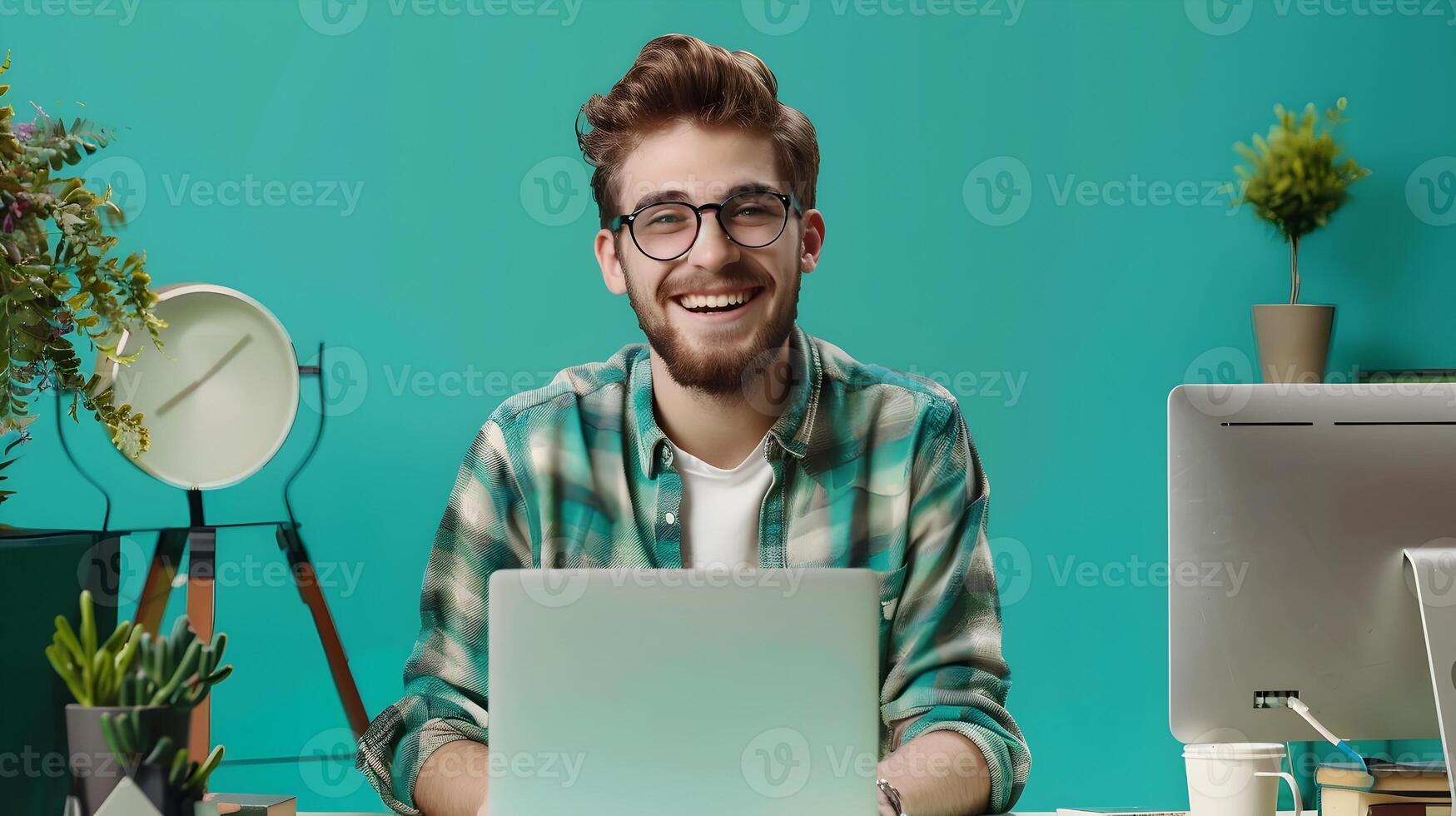 Joyful Young Proofreader Excelling in Colorful Work Environment photo