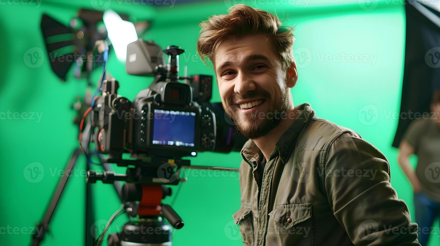 Joyful Young Screenwriter Crafting a Story A Colorful Portrait of Creativity and Success photo