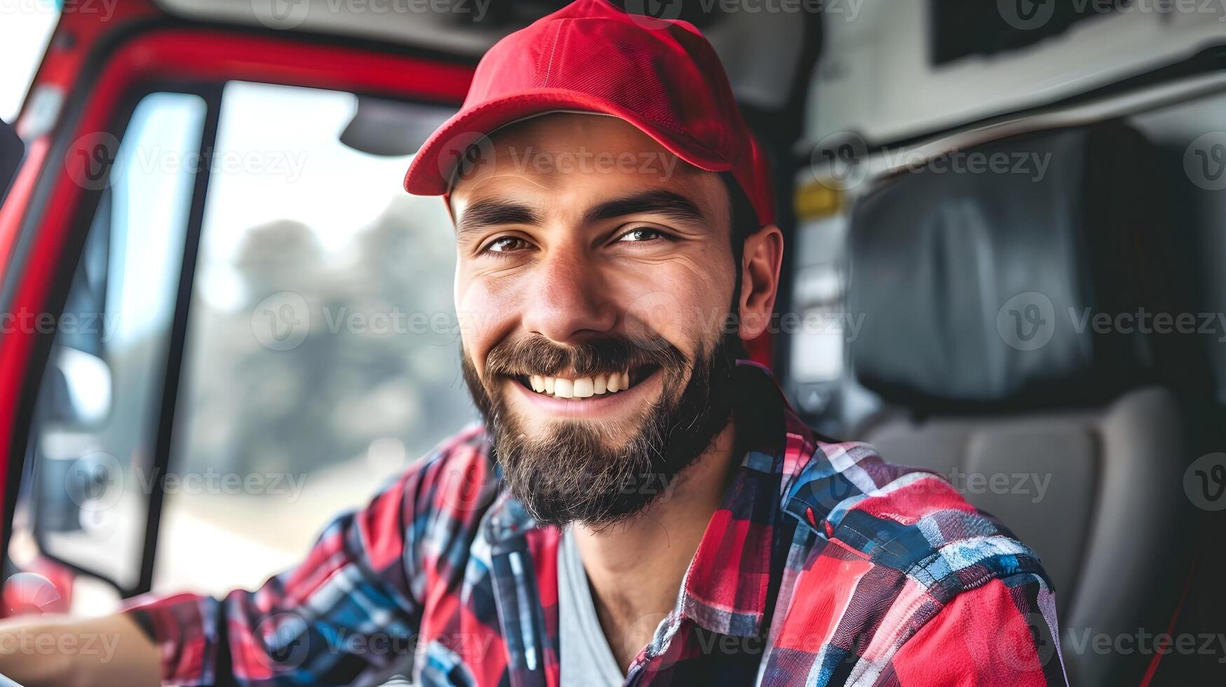 Joyful Young Truck Driver Embodying Success and Freedom on the Road photo