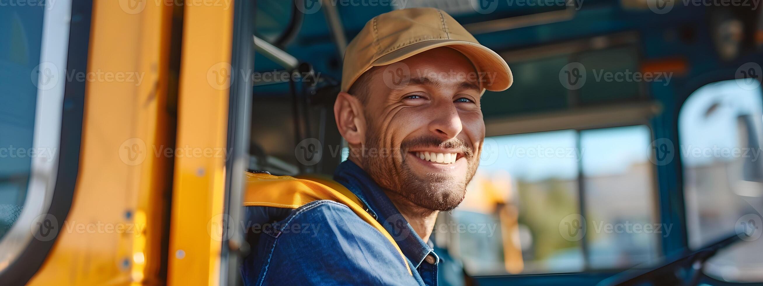 Joyful Young School Bus Driver Embarking on a Colorful Journey photo