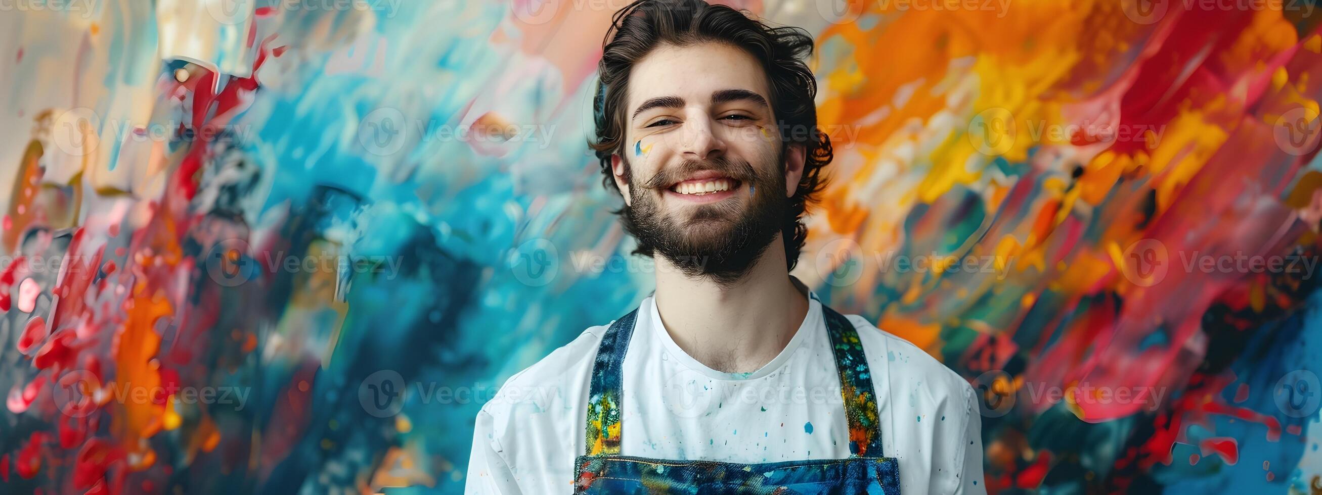 Joyful Young Painter Creating Vibrant Art A Colorful Portrait of and Skill photo