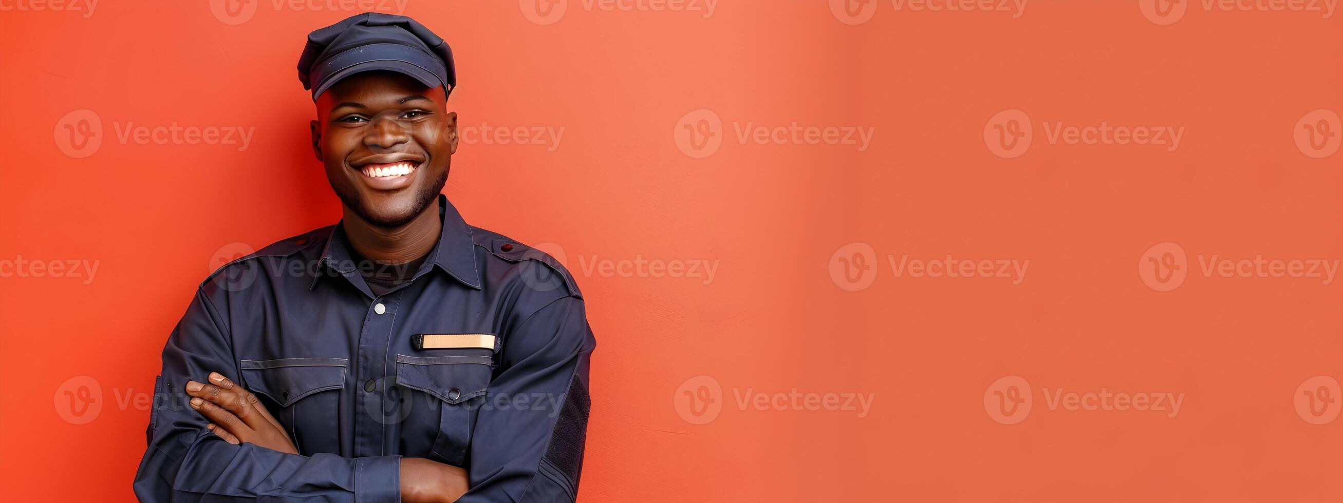 Vibrant Portrait of a Joyful Young Security Guard Exuding Dedication and Vigilance photo
