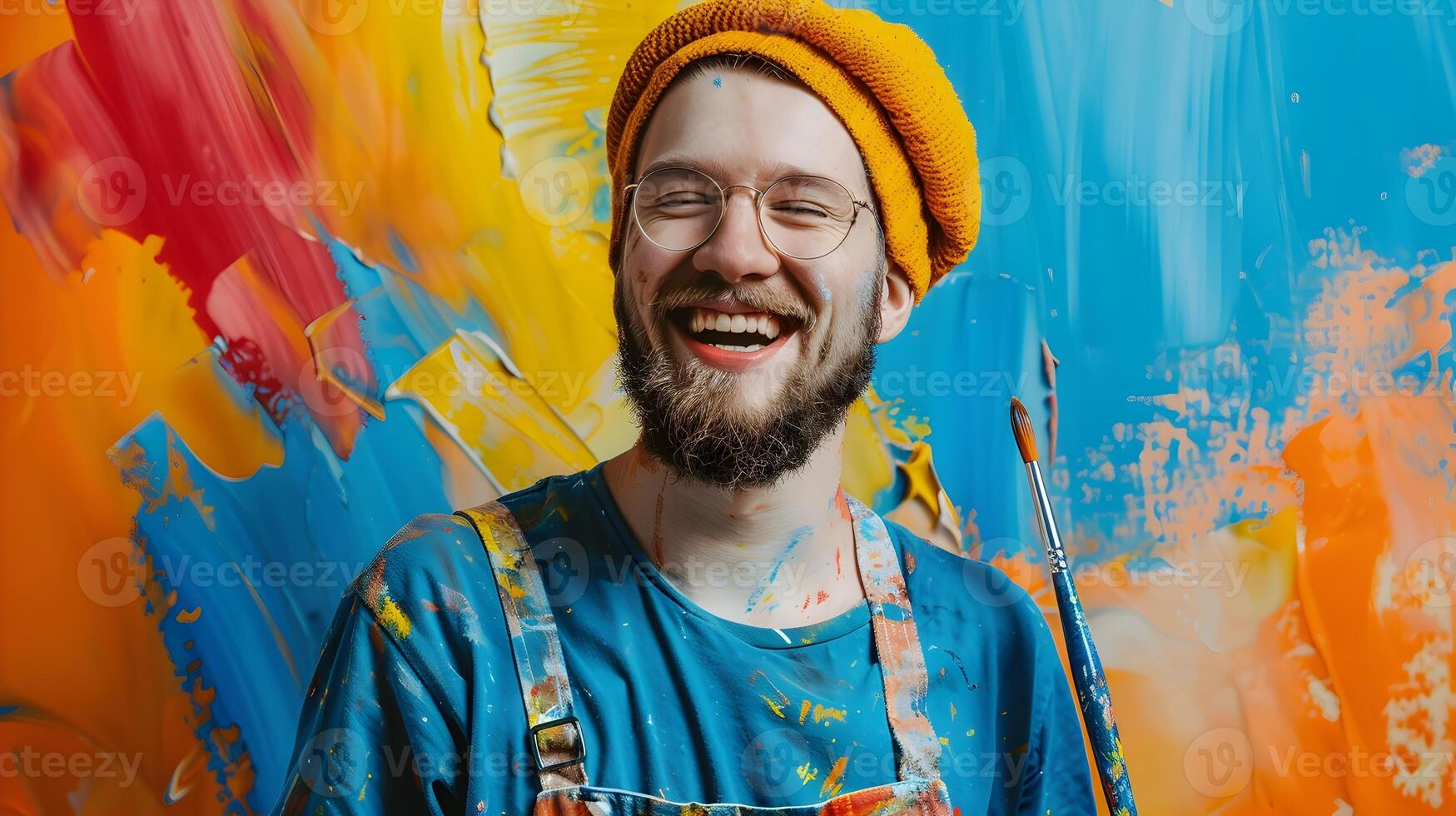 Joyful Young Painter Crafting Vibrant Masterpiece in Studio photo