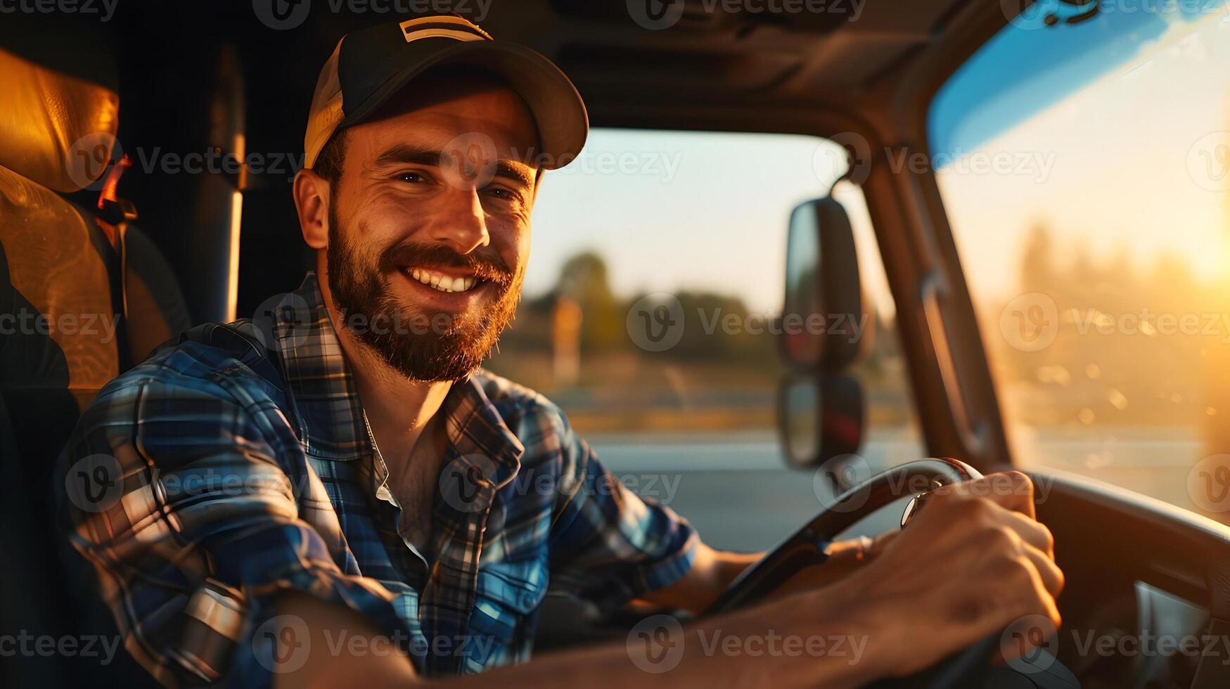 Joyful Young Truck Driver in Action A Glimpse into the Fulfilling World of Transport photo
