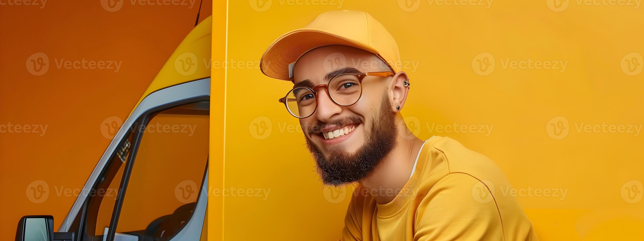 Joyous Young Delivery Driver Embodiment of Modern Efficiency and Service photo