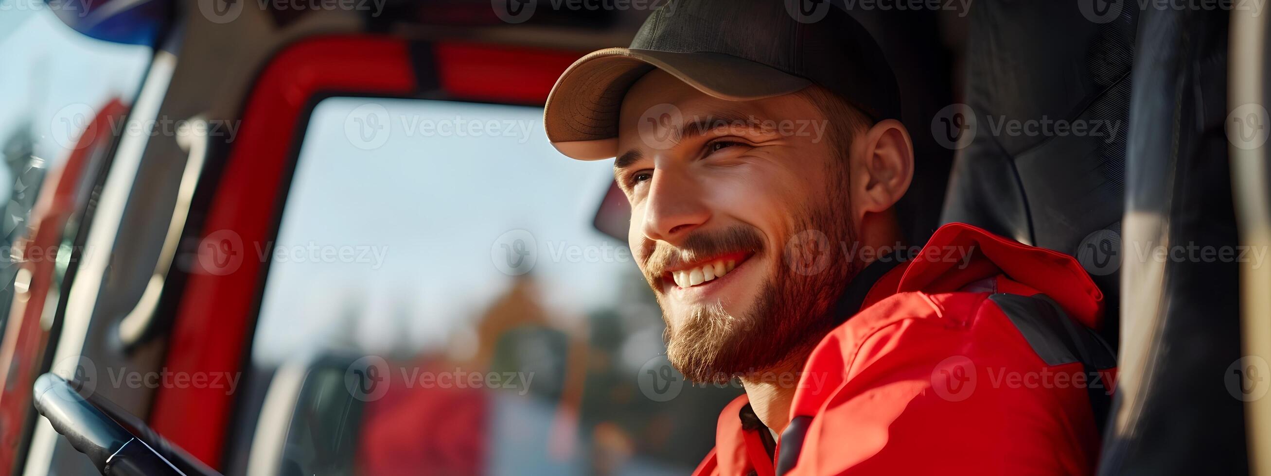 Joyful Young Truck Driver Pursuing Successful Career in Modern Transport Industry photo