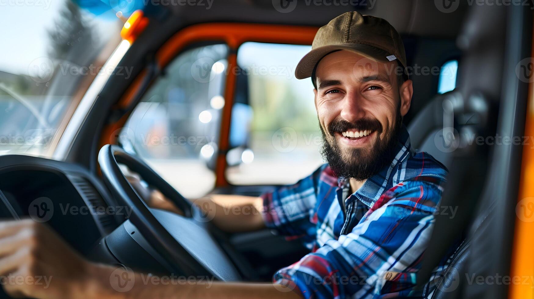Joyful Young Truck Driver Excelling in Colorful Portrait photo