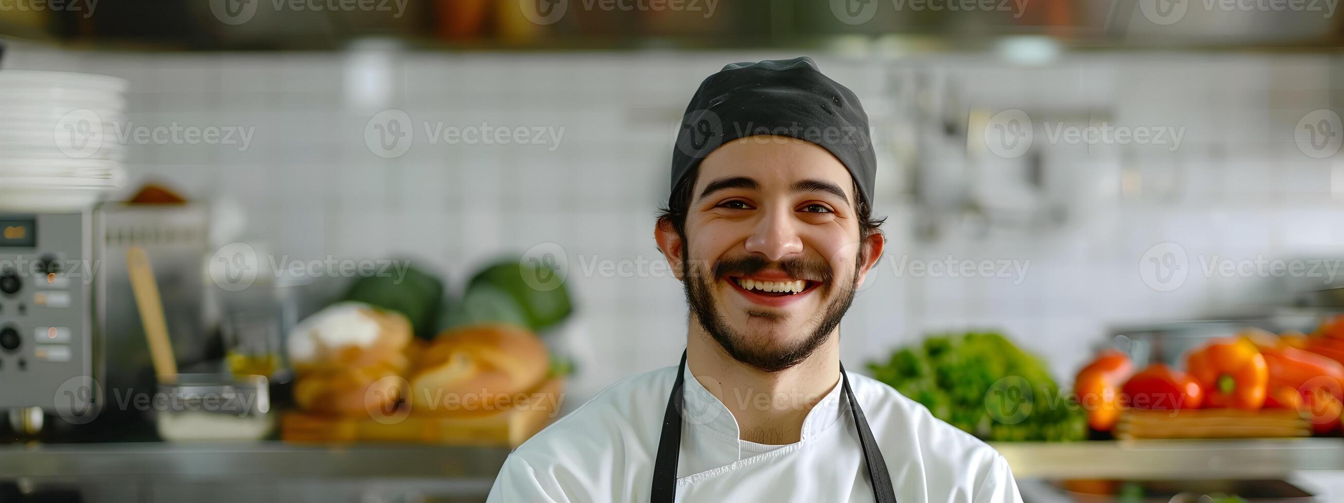 Joyous Young Chef Vibrant Portrait of a Casual Food Kitchen Worker Creating Colorful and Tasty Dishes photo