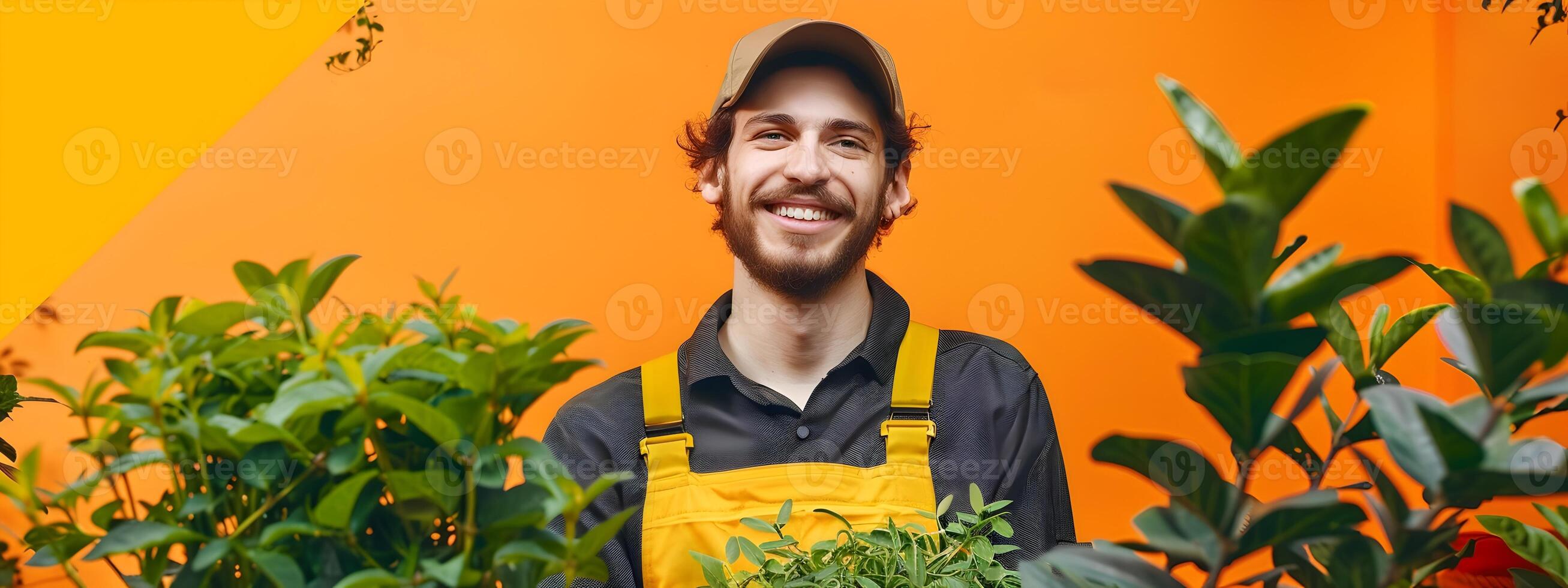 Joyous Young Landscaping Worker Exuding Pride and Satisfaction in Vibrant Outdoor Setting photo