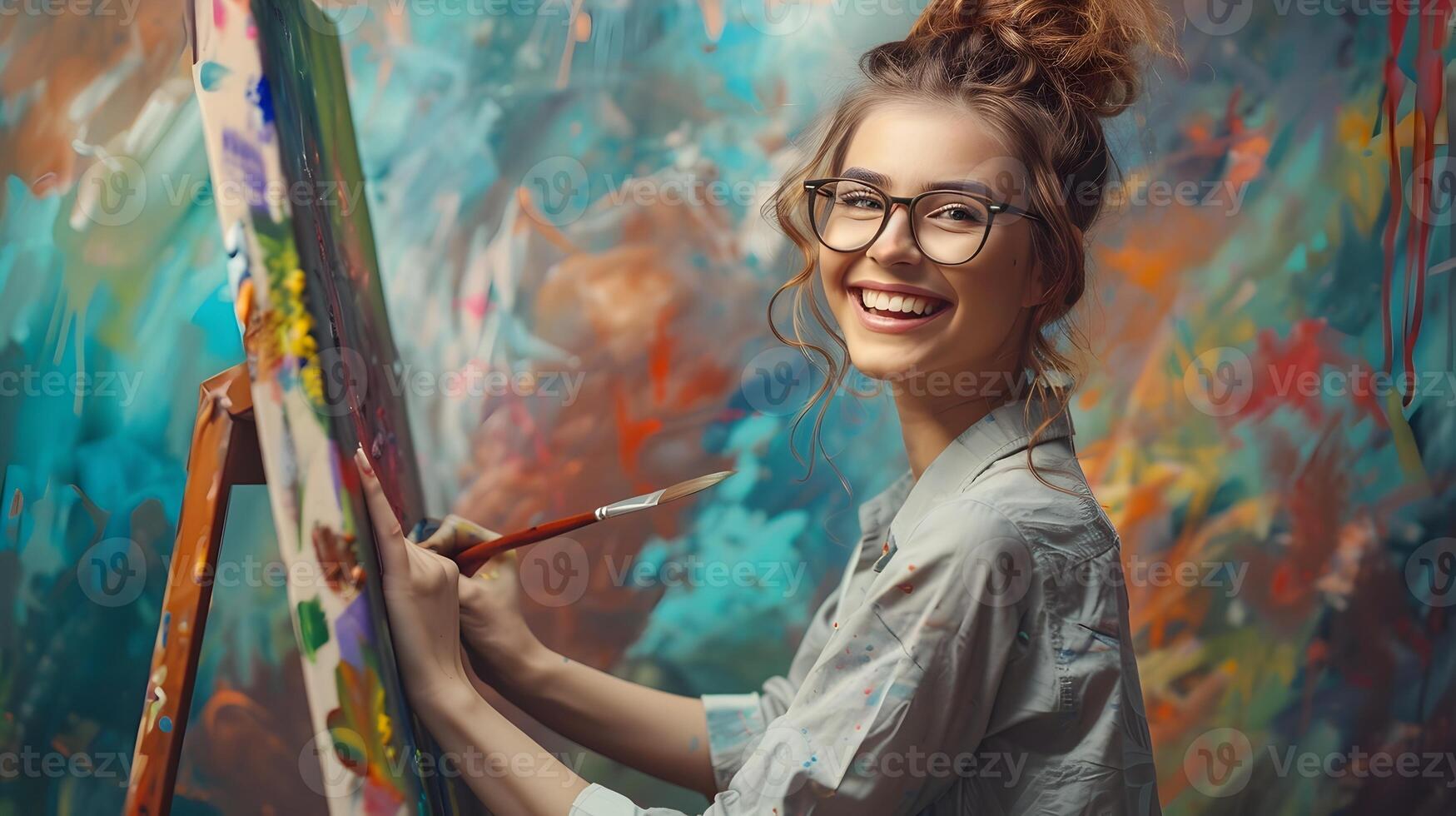Joyous Young Painter Brings Colorful Creations to Life in Vibrant Studio photo