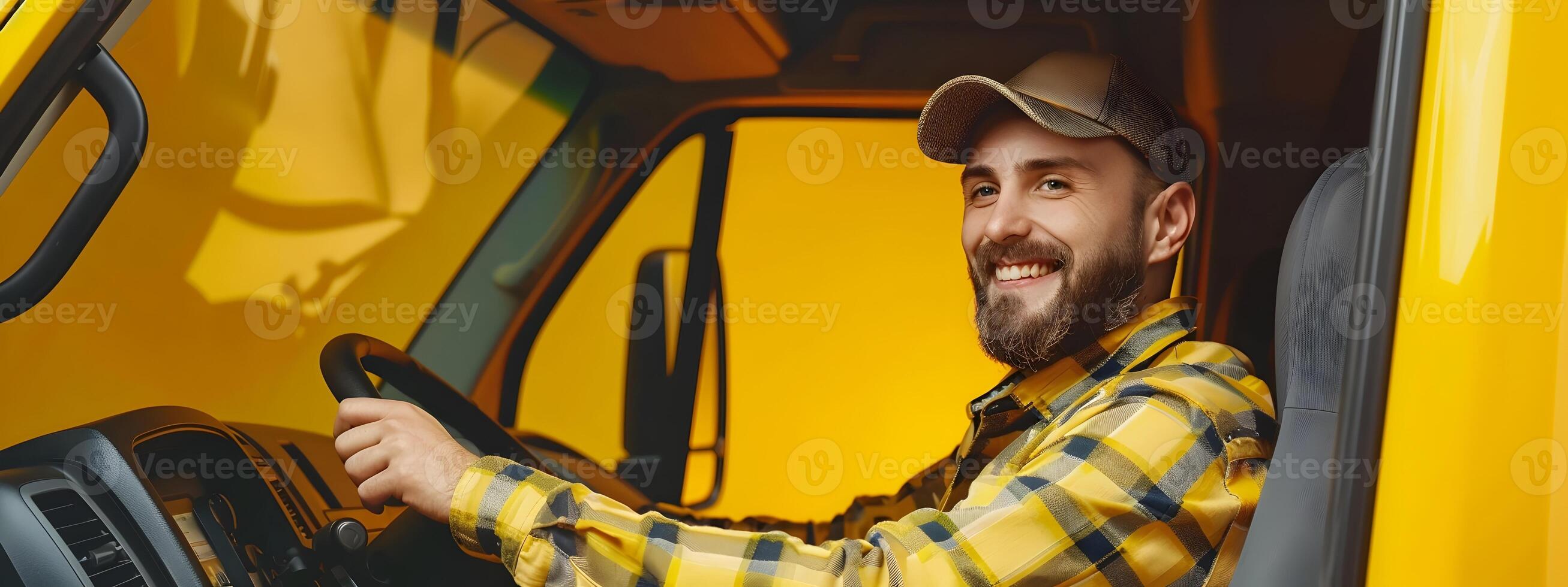 Joyous Young Truck Driver Embodiment of Modern Commerce and Freedom photo