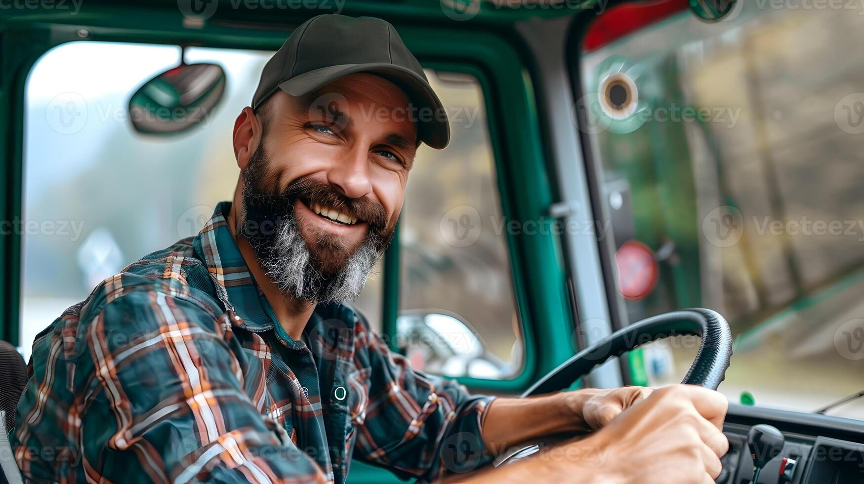 Joyous Young Truck Driver Embodiment of Freedom and Professionalism in Vibrant Portrait photo