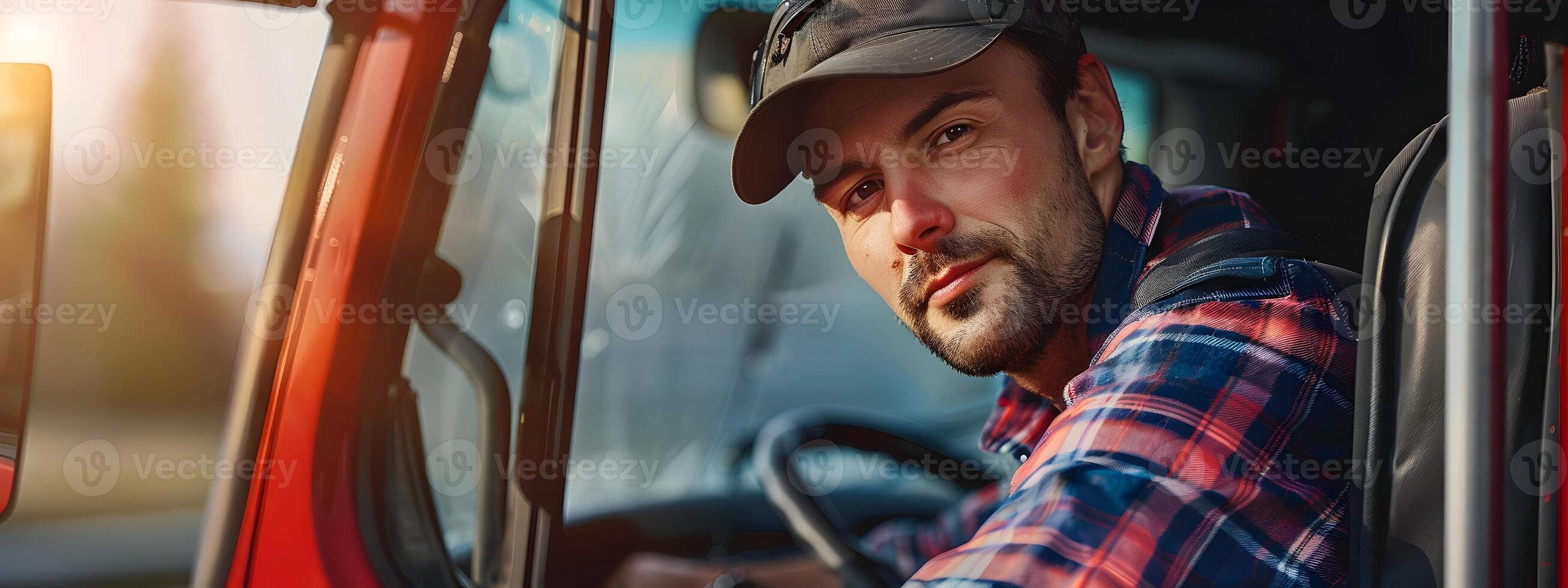 Joyous Young Truck Driver Embodying Freedom and Professional Commitment in a Colorful Portrayal photo