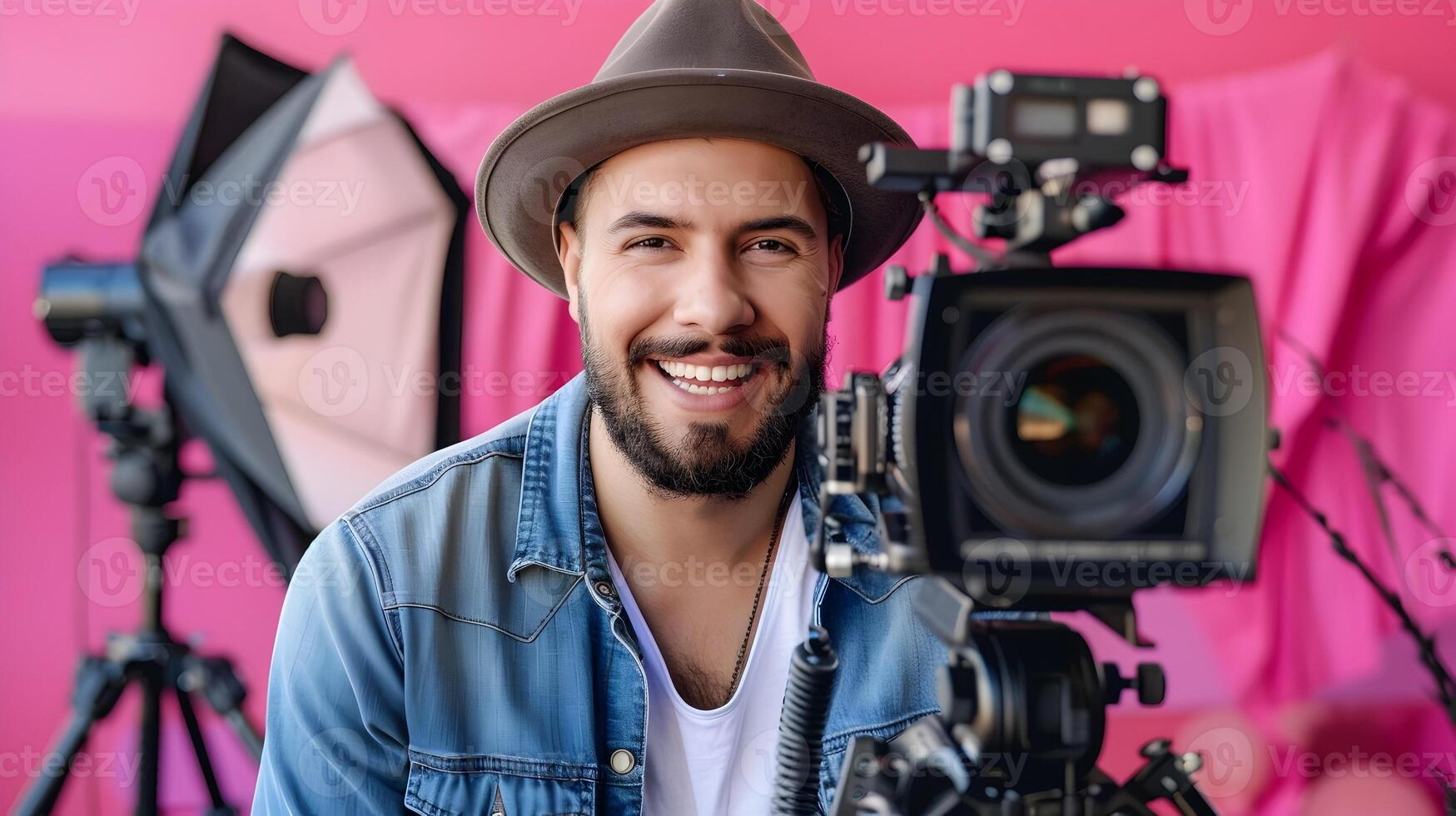 Passionate Film Critic in Action Expressing Joy and Professional Insight on Colorful Backdrop photo