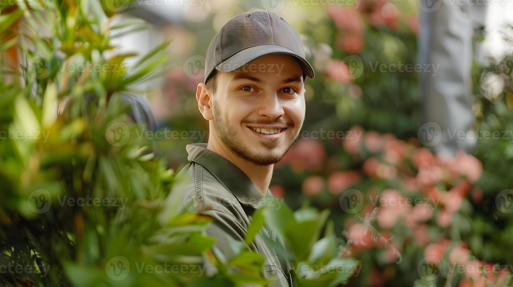 Young Landscaping Assistants Joyful Smile While Working on a Vibrant Green Garden photo
