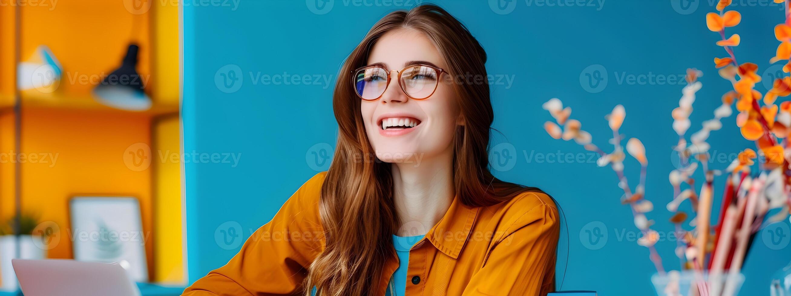 Young Columnist Exudes Joy while Composing Articles on Colorful Backdrop photo
