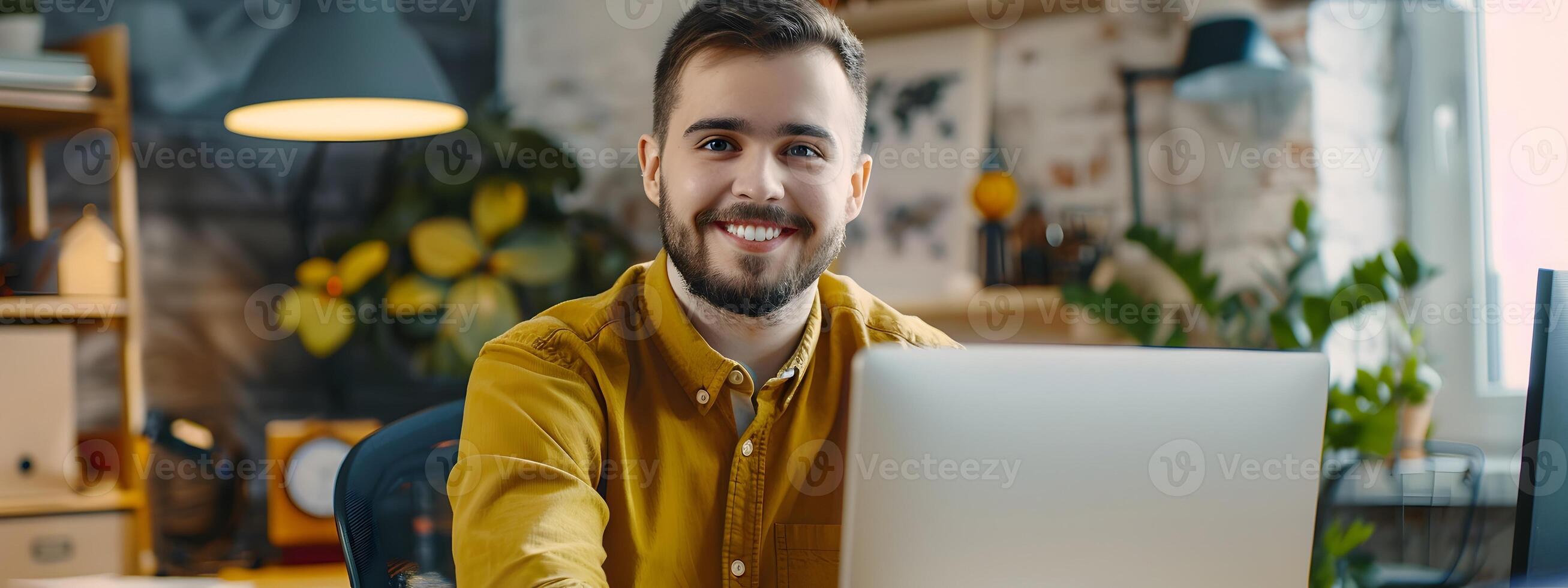 Cheerful Young Professional Embracing Technological Advancements for Successful eCommerce Marketing Strategies photo