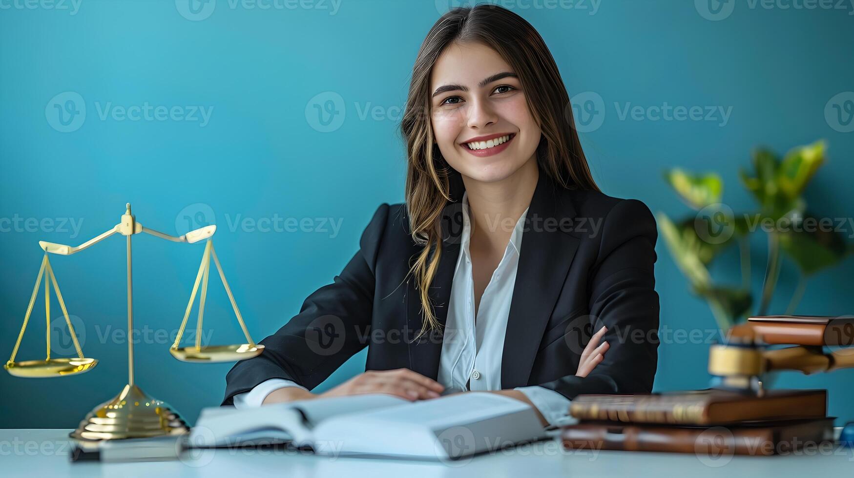 Careeroriented Young Paralegal in Colorful Workspace Demonstrating Dedication and Happiness photo