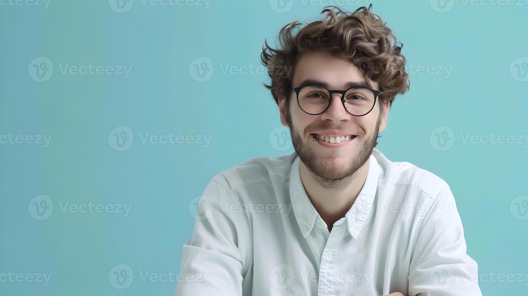 Confident Young Brand Manager Smiling Happily in Corporate Office Setting photo