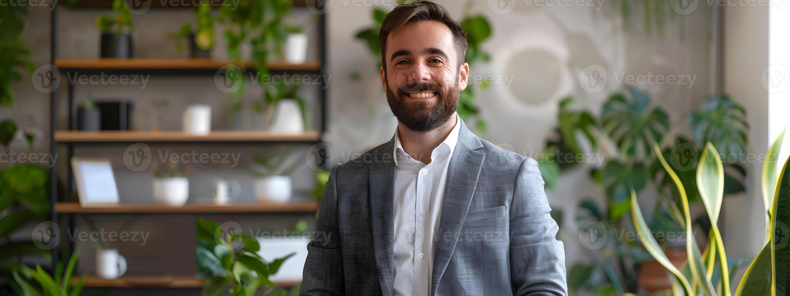 Confident Young Branch Manager Smiling in Modern Office Environment photo