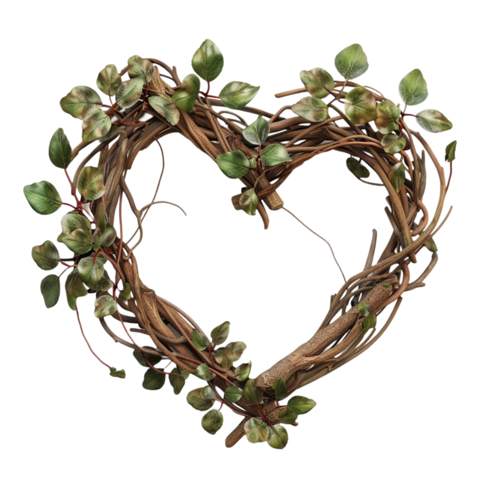 A Heart Shaped Wreath Made Of Twigs And Leaves On Transparent Background. png
