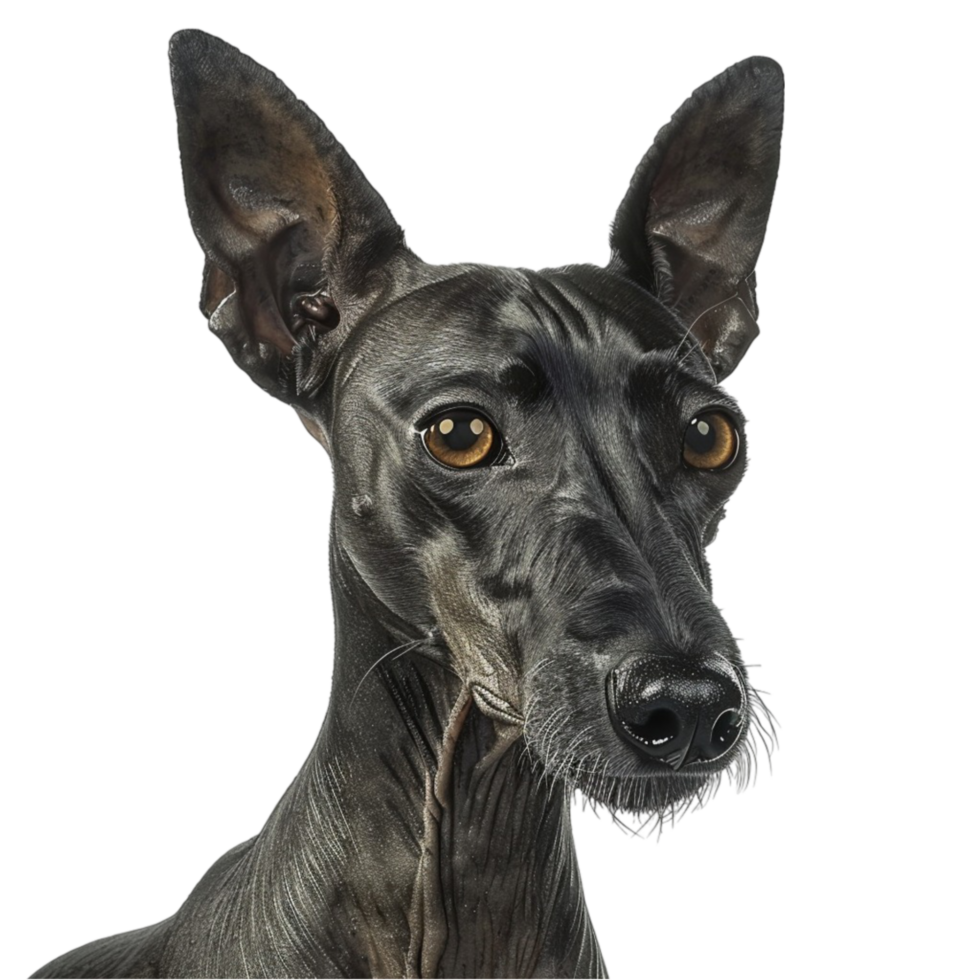 An Image Of A Black Dog With Big Ears On Transparent Background. png