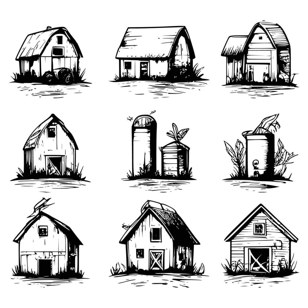 Set of Farm House Hand Drawing Illustration vector