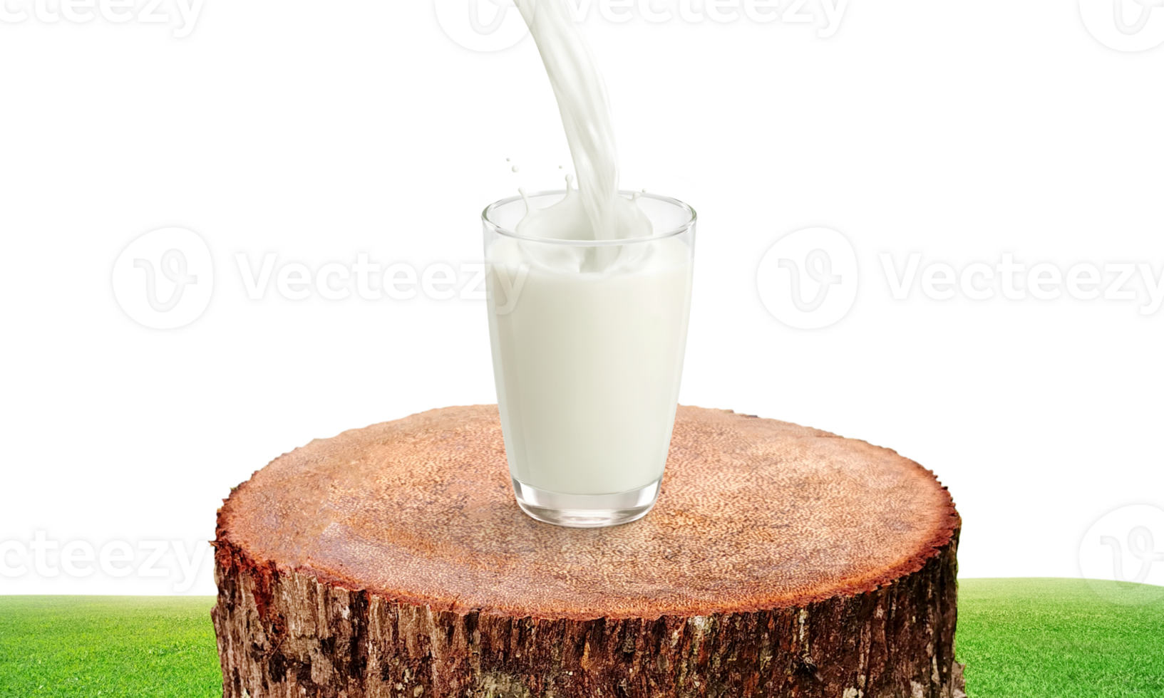 Glass of milk on a natural tree stump transparent. png