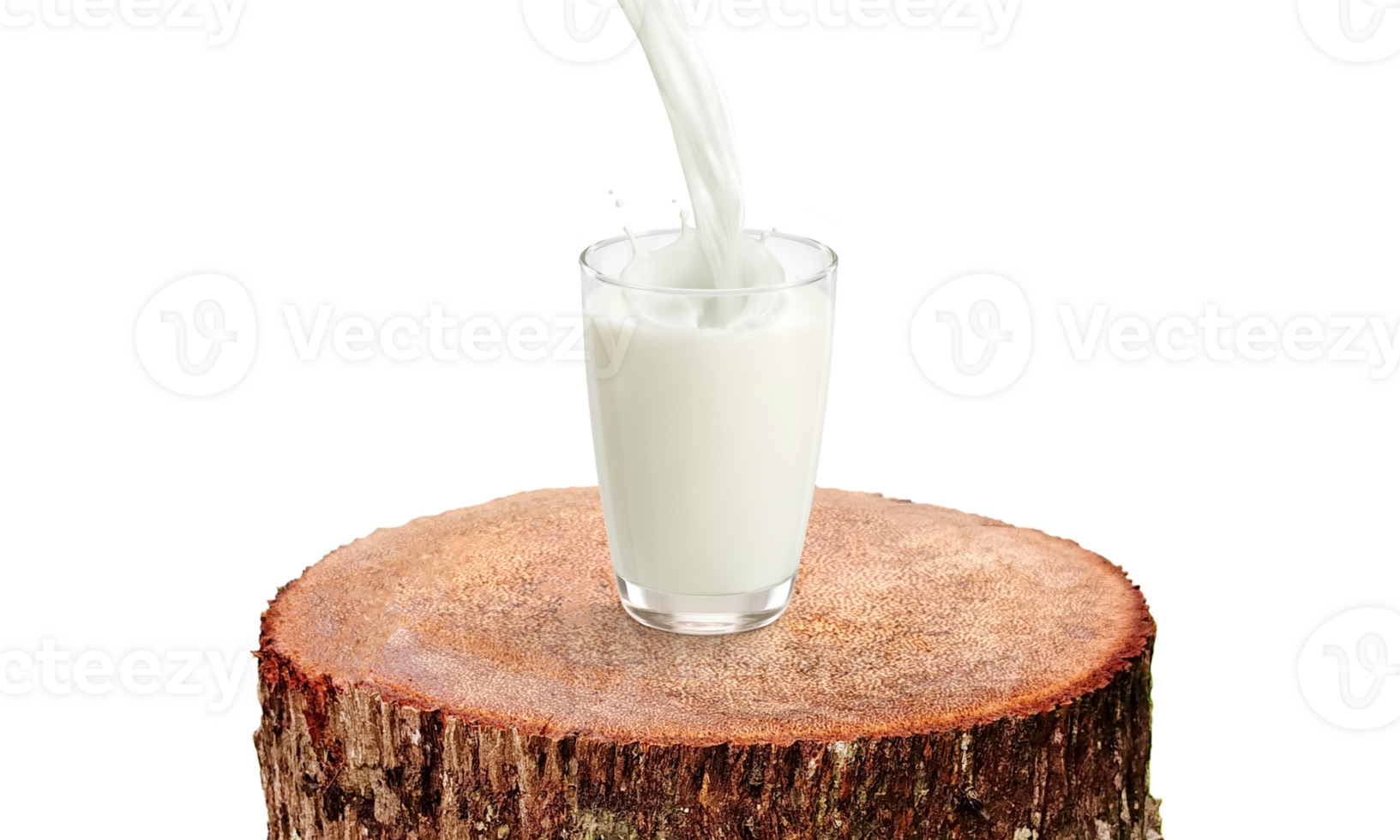 Glass of milk on a natural tree stump transparent. png