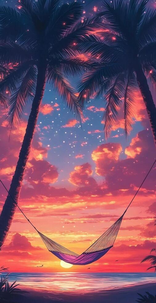 Scenic Tropical Hammock Between Palm Trees at Vibrant Sunset Over Ocean with Pink and Purple Sky photo