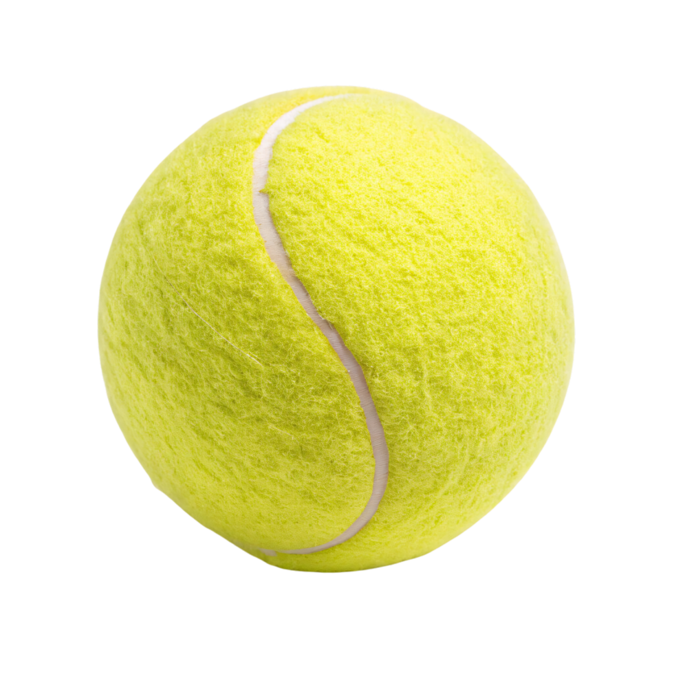 An angle of a tennis ball with vibrant yellow fuzz and visible curved seams, emphasizing its distinct texture png