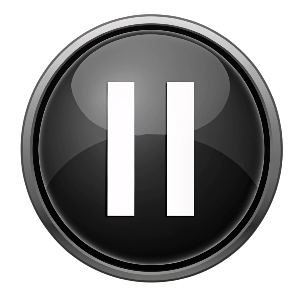 A black circular button featuring two white vertical lines at the center, symbolizing pause. Reflective details create a 3D effect png